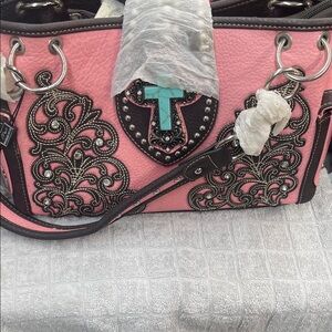 Pink and Black Embroidered Women's Bag